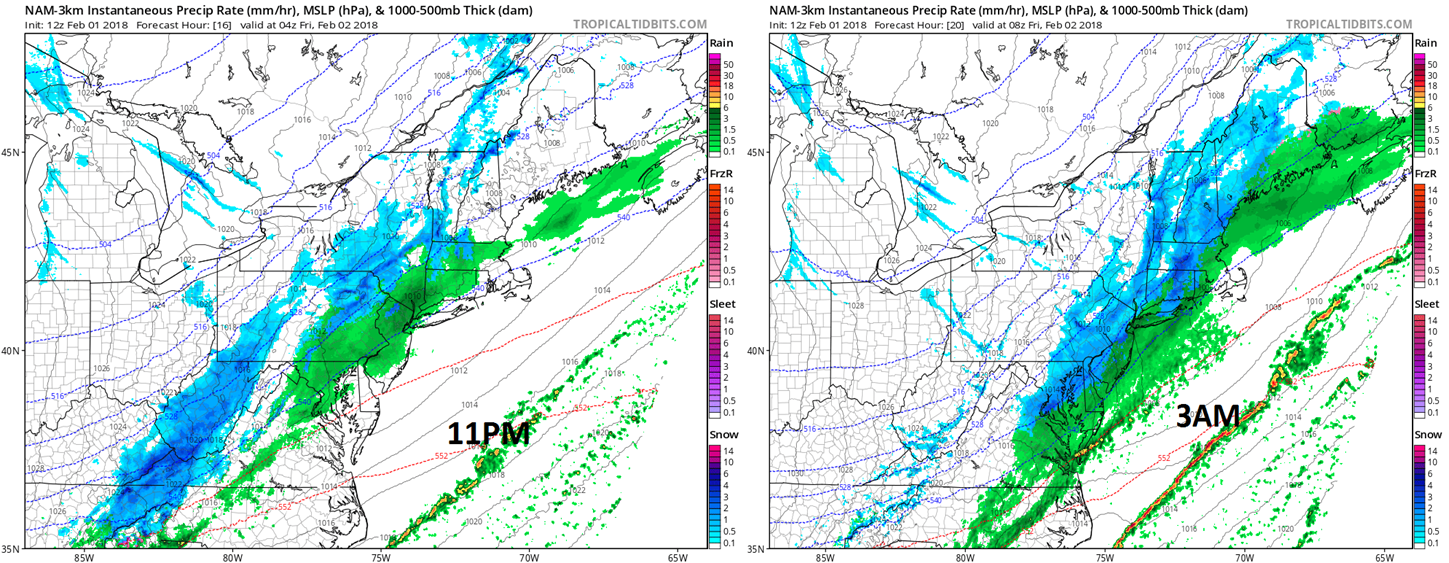 12Z NAM (3-km version) forecast maps at 11PM (left) and 3AM (right) with rain (green) in DC, Philly, NYC early and snow (blue) in the same areas late; maps courtesy NOAA/EMC, tropicaltidbits.com