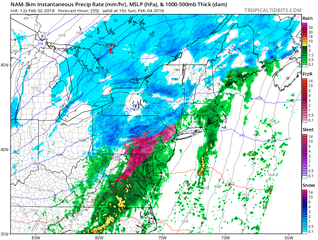 12Z NAM (3-km version) forecast map for 2 PM Sunday with ice (i.e., sleet and/or freezing rain, shown in pink/purple) prevalent in the northern and western suburbs of the big cities; map courtesy NOAA/EMC, tropicaltidbits.com