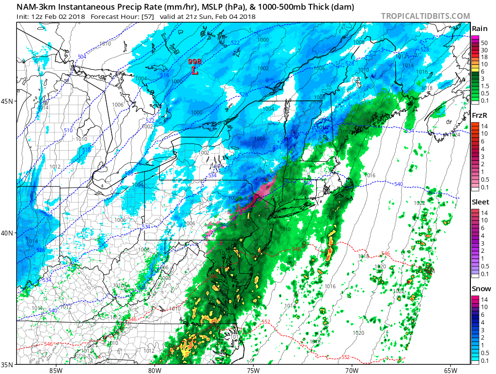 12Z NAM (3-km version) forcast map for 4 PM Sunday with rain (in green) dominating the scene in the immediate I-95 corridor; map courtesy NOAA/EMC, tropicaltidbits.com 