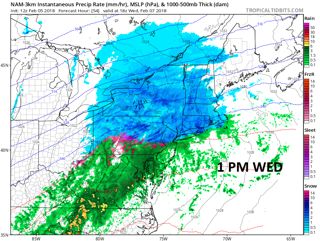 12Z NAM (3-km) forecast map for 1 pm on Wednesday; map courtesy NOAA/EMC, tropicaltidbits.com