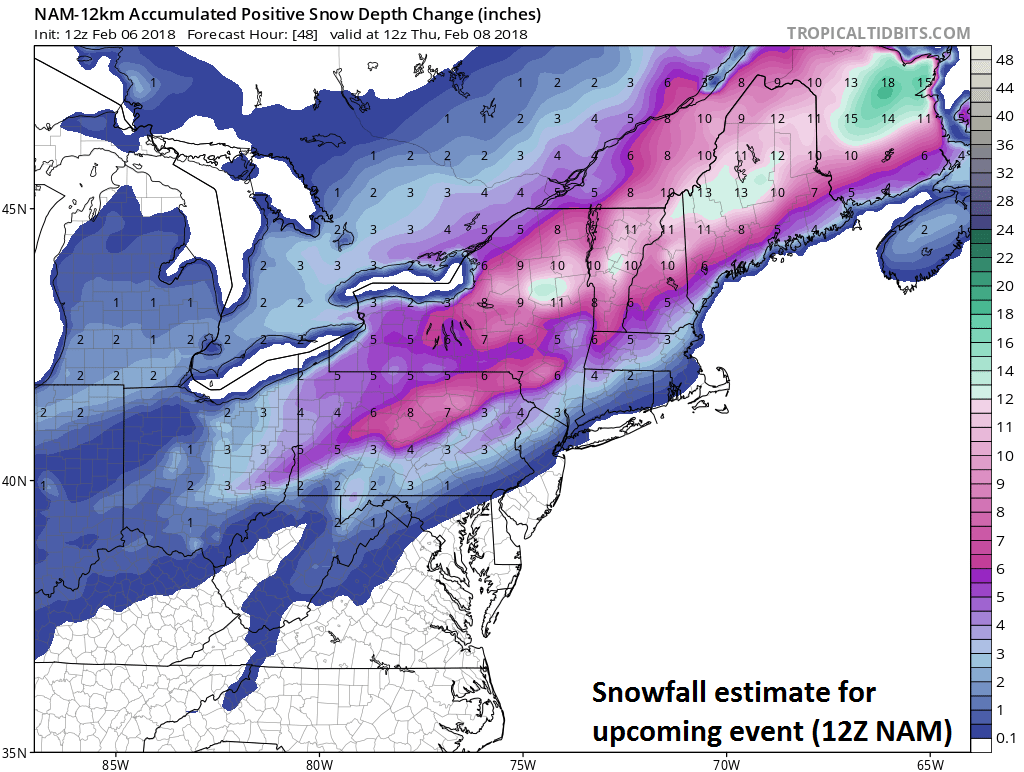 12Z NAM snow depth change for the upcoming event; courtesy NOAA/EMC, tropicaltidbits.com