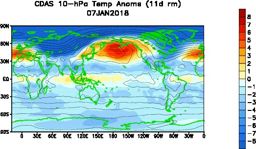 Day-to-day temperature anomalies in the stratosphere (10 millibars) over the past 30-days with substantial warming developing in recent days across the northern latitudes; courtesy NOAA
