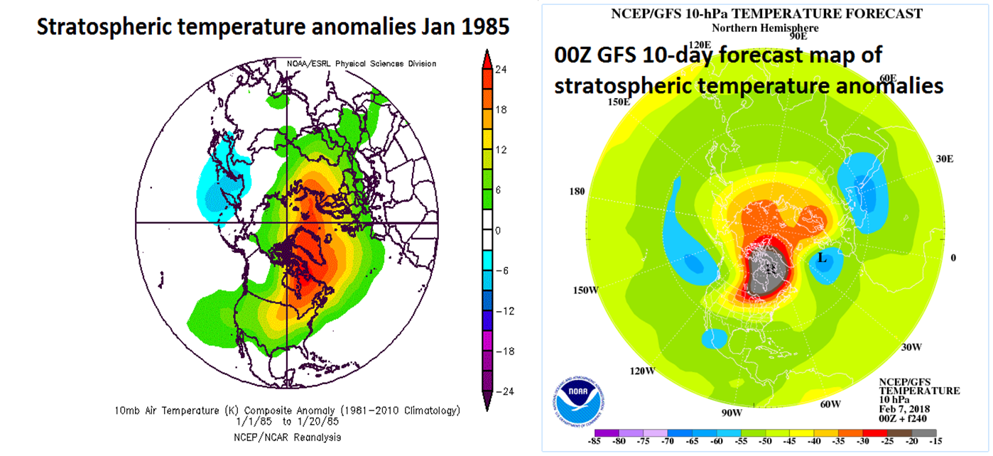 Stratospheric temperature anomalies during January 1985 (left) and the 10-day forecast map for February 17th (right) with similar patterns of much above-normal temperatures on this side of the North Pole. These maps have a "top-down" view of the Northern Hemisphere with the North Pole located right in the center and the US is positioned in the lower-central portion of each map. maps courtesy NOAA 