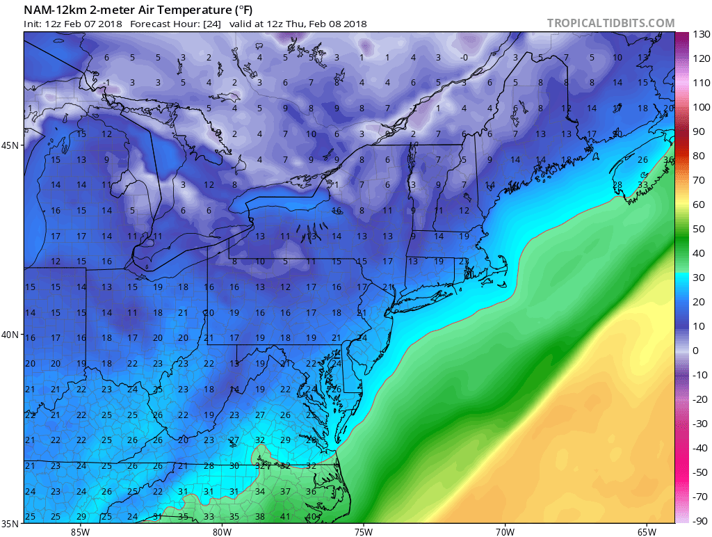 Low temperatures for early Thursday as depicted by the 12Z NAM model forecast; courtesy NOAA/EMC, tropicaltidbits.com