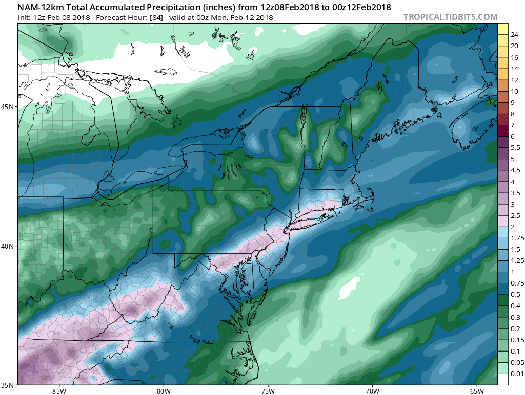 12Z NAM total rainfall forecast map for the upcoming rain event with two inches of rain (purple) predicted in much of the DC-to-Philly-to-NYC corridor by Sunday night; map courtesy NOAA/EMC, tropicaltidbits.com