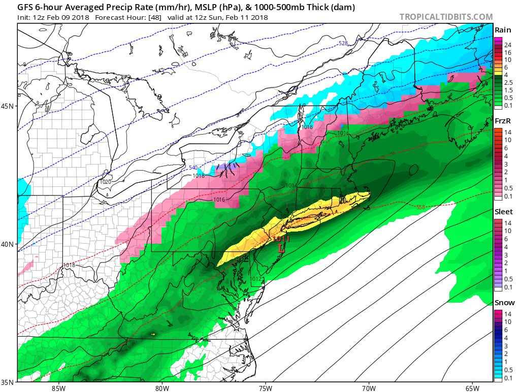 12Z GFS forecast map for Sunday morning with heavy rainfall (yellow) along the DC-to-Philly-to-NYC corridor; map courtesy NOAA/EMC; tropicaltidbits.com