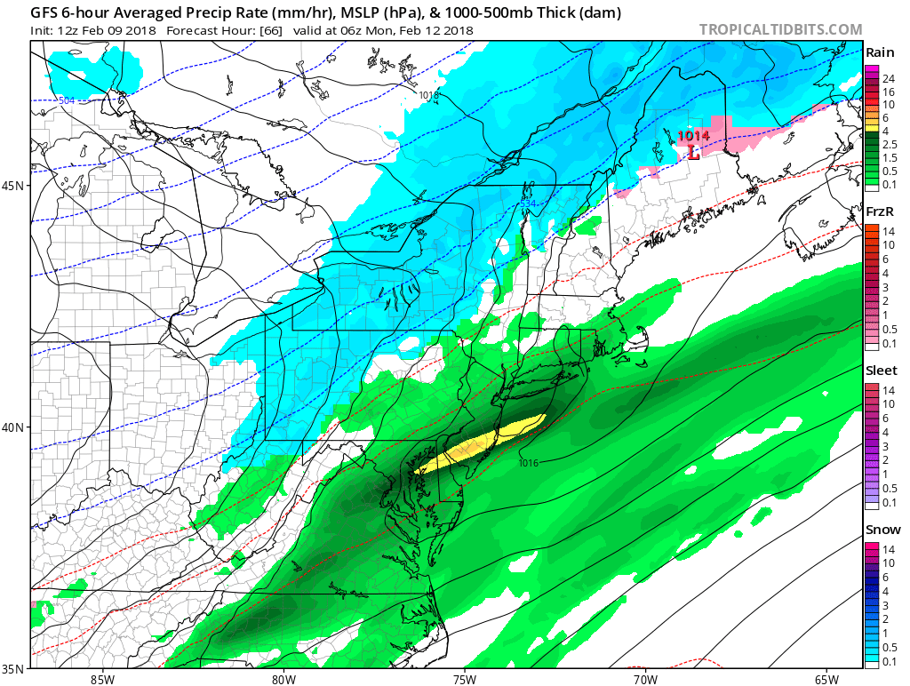 12Z GFS forecast map for late Sunday night with additional heavy rain in the I-95 corridor; map courtesy NOAA/EMC, tropicaltidbits.com 