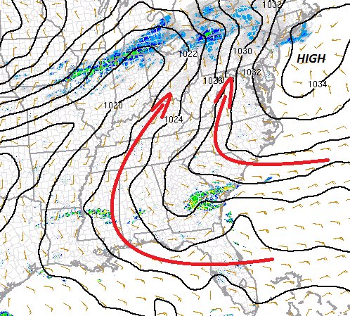 Latest surface map showing high pressure now off the Mid-Atlantic coastline and this opens the door for both Gulf of Mexico and Atlantic Ocean moisture to feed into this developing system; courtesy NOAA/SPC, twitter (crankyweatherguy)