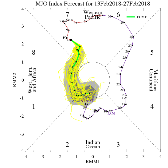 Euro model forecast of the MJO index in coming days (shown in green) with a counter-clockwise movement from phase 7 into phases 8 and then phase 1 by the end of February; map courtesy NOAA