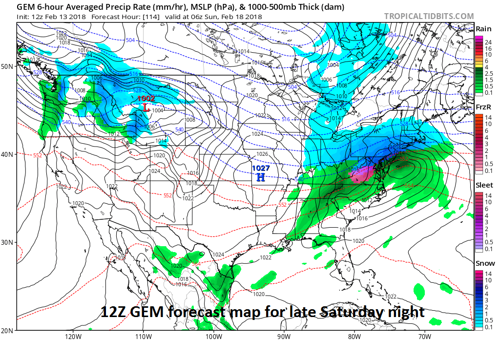 Canadian model features snow for much of the Mid-Atlantic region late Saturday; map courtesy NOAA/EMC, tropicaltidbits.com