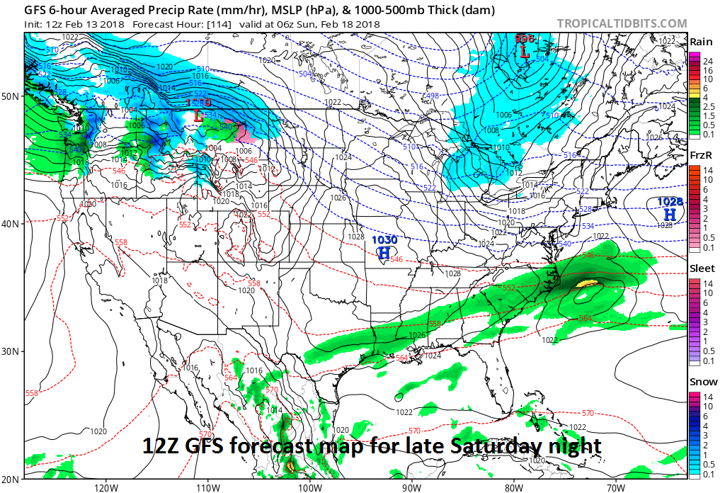 12Z GFS computer forecast map for late Saturday has no snow in the Mid-Atlantic region - but this is likely to change in coming days; map courtesy NOAA/EMC, tropicaltidbits.com