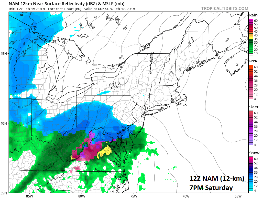 12Z NAM forecast map for 7PM Saturday evening (snow in blue, rain in green, ice in pink/purple); map courtesy NOAA/EMC, tropicaltidbits.com