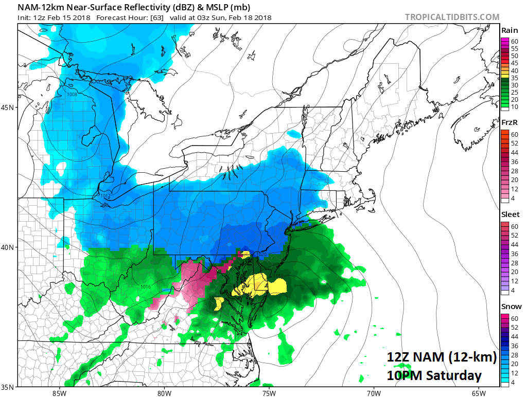 12Z NAM forecast map for 10PM Saturday night (snow in blue, rain in green, ice in pink/purple); map courtesy NOAA/EMC, tropicaltidbits.com
