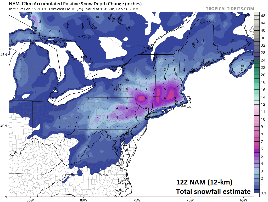 12Z NAM forecast map of total snowfall amounts by mid-morning Sunday; map courtesy NOAA/EMC, tropicaltidbits.com