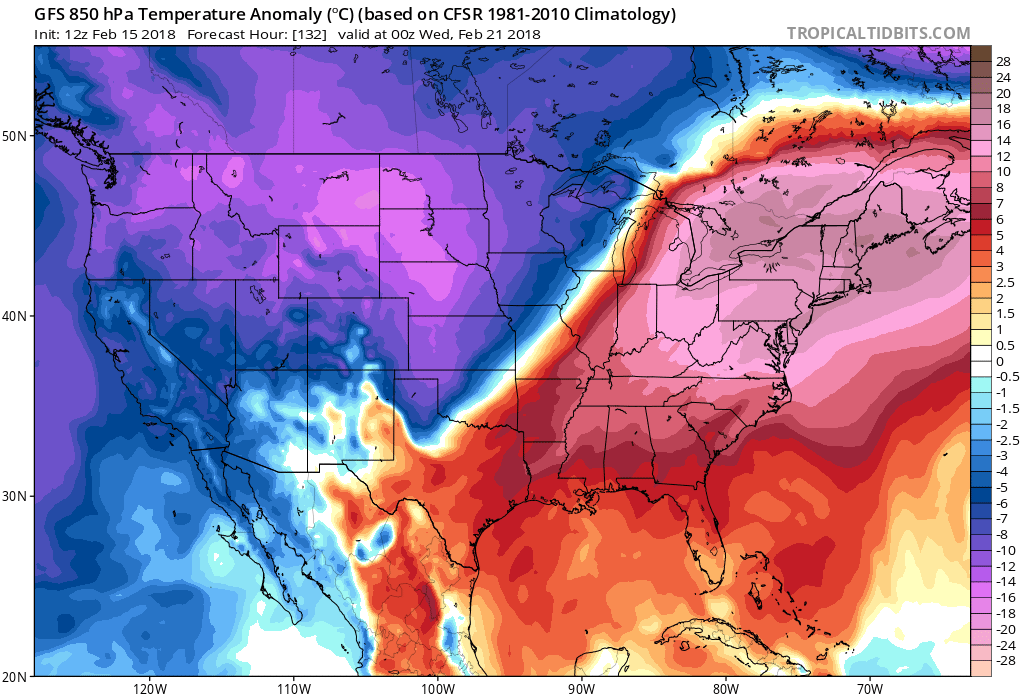 12Z GFS 850 mb temperature anomalies on Tuesday night with a major league warm up coming to the Northeast US; map courtesy NOAA/EMC, tropicaltidbits.com