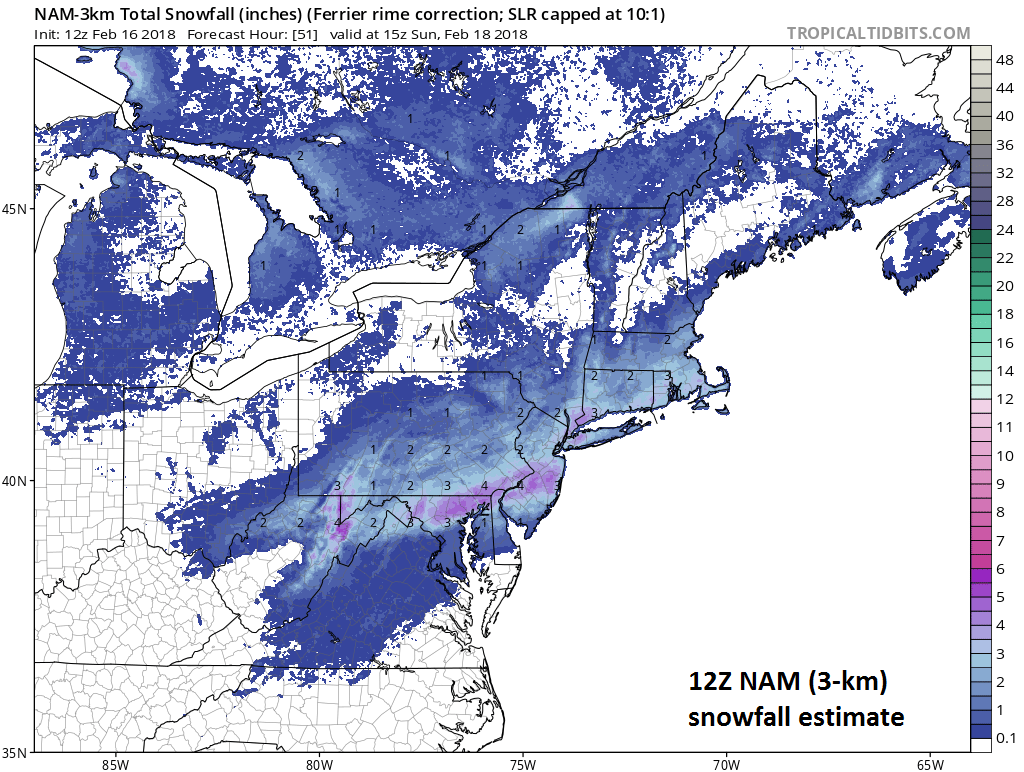 12Z NAM (high-resolution 3-km version) total snowfall forecast map for the upcoming weekend system; courtesy NOAA/EMC, tropicaltidbits.com