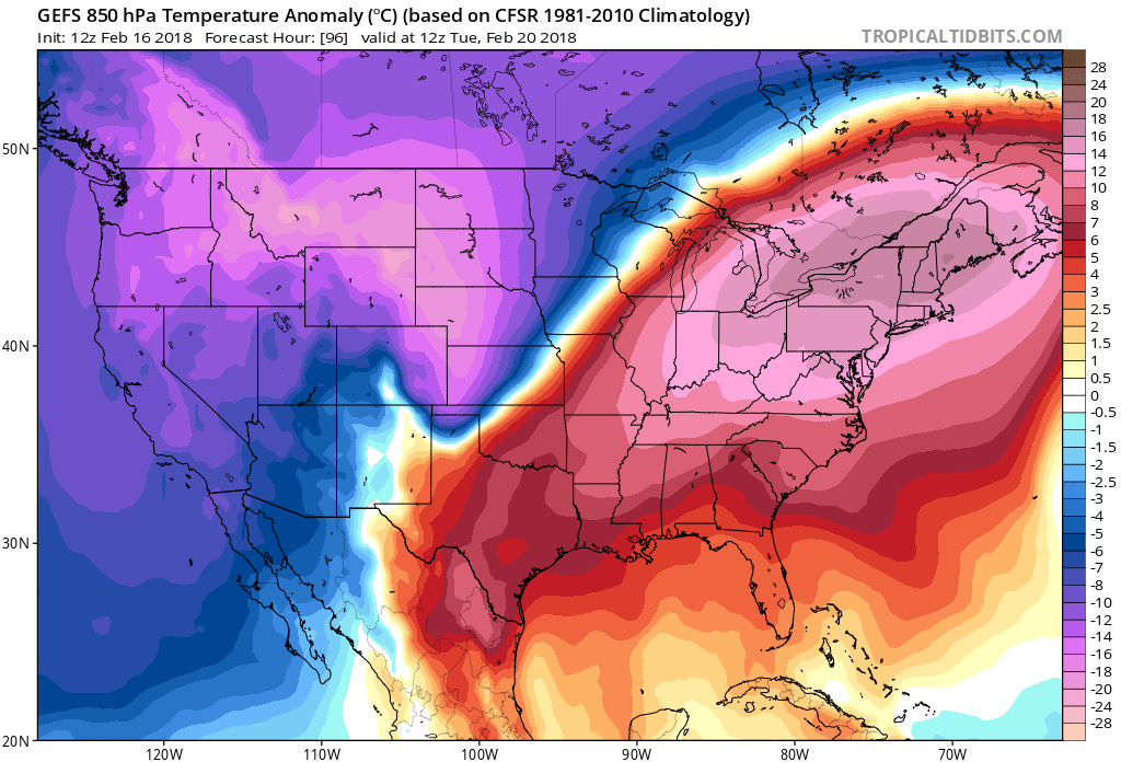 12Z GEFS 850 mb temperature anomalies for Tuesday, February 20th with much warmer-than-normal conditions in the Northeast US; map courtesy NOAA/EMC, tropicaltidbits.com
