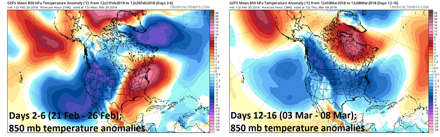 12Z GEFS forecast maps of 850 mb temperature anomalies averaged over 5 day periods with days 2-6 on left (warmer-than-normal in the eastern US) and days 12-16 on right (colder-than-normal across much of the nation); maps courtesy NOAA/EMC, tropicaltidbits.com
