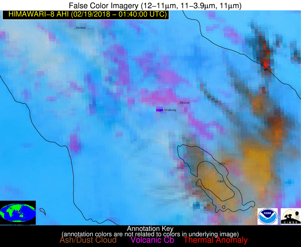 An explosive eruption of Mount Sinabung began at 0153 UTC on 19 February 2018. Himawari-8 False-color Red-Green-Blue (RGB) images from the NOAA/CIMSS Volcanic Cloud Monitoring site showed the primary plume of high-altitude ash moving northwestward, with ash at lower altitudes spreading out to the south and southeast of the volcano. Multi-spectral retrievals of "Ash Cloud Height" indicated that the explosive eruption injected volcanic ash to altitudes generally within the 12-18 km range, possibly reaching heights of 18-20 km. Courtesy University of Wisconsin/CIMSS, NOAA