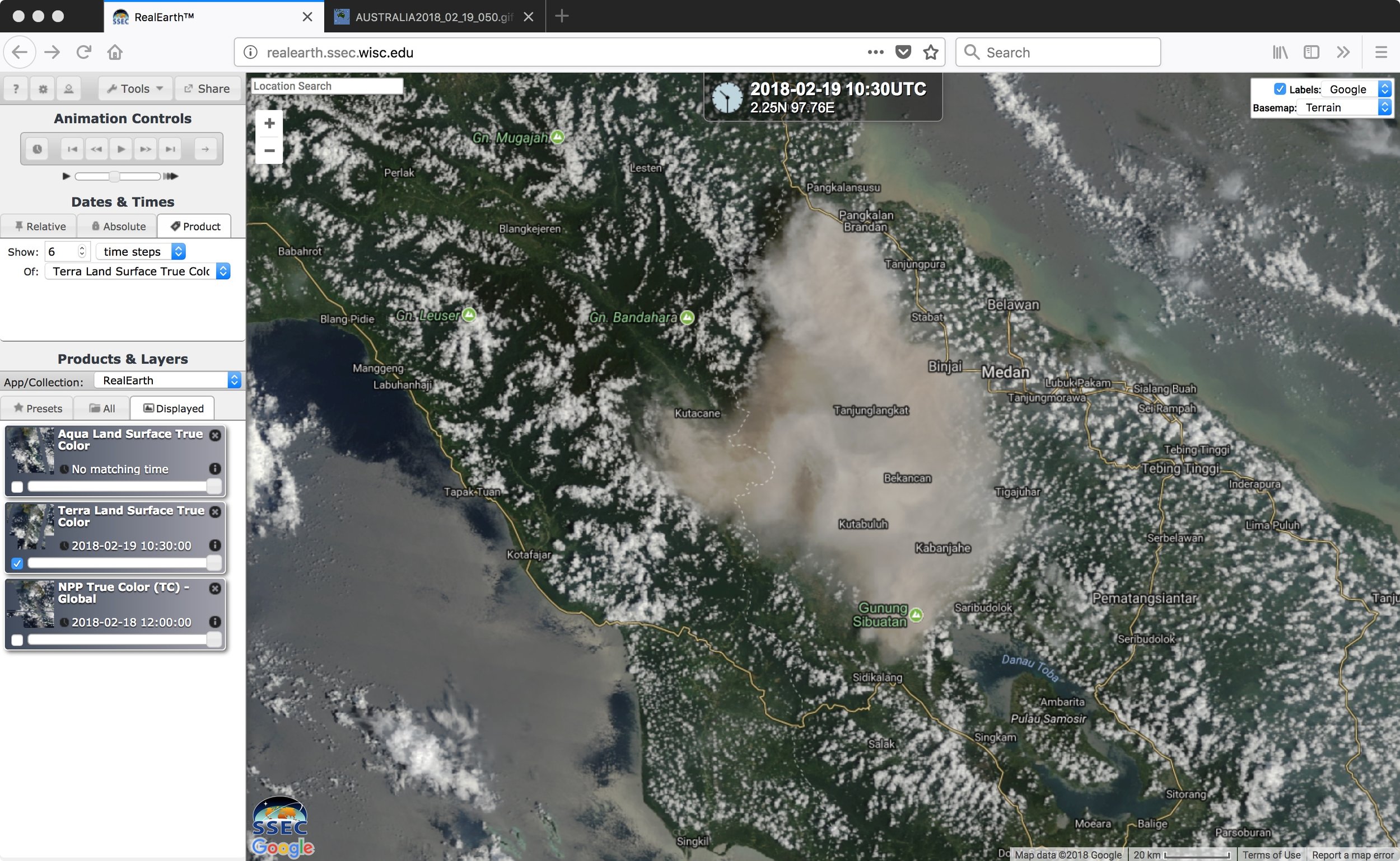 A Terra MODIS True-color RGB image viewed using "RealEarth" is shown below. The time of the Terra satellite overpass was 0410 UTC. Courtesy University of Wisconsin/CIMSS, NOAA, NASA