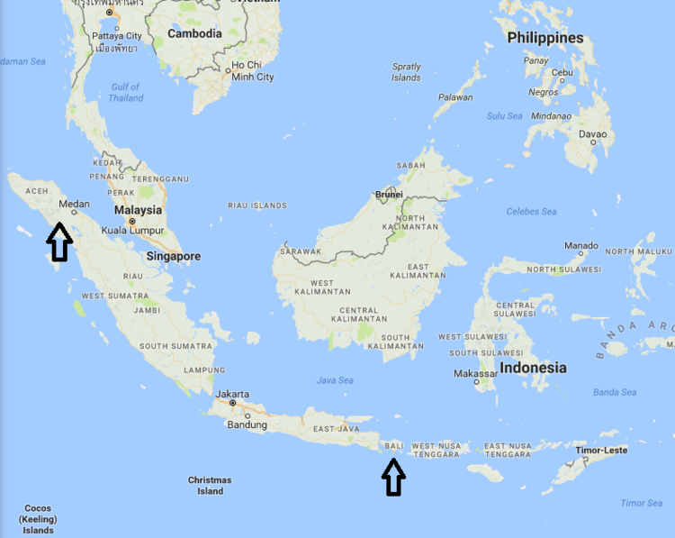 Map of Indonesia with arrows pointing to the locations of Mount Sinabung (left) and Mount Agung (right)