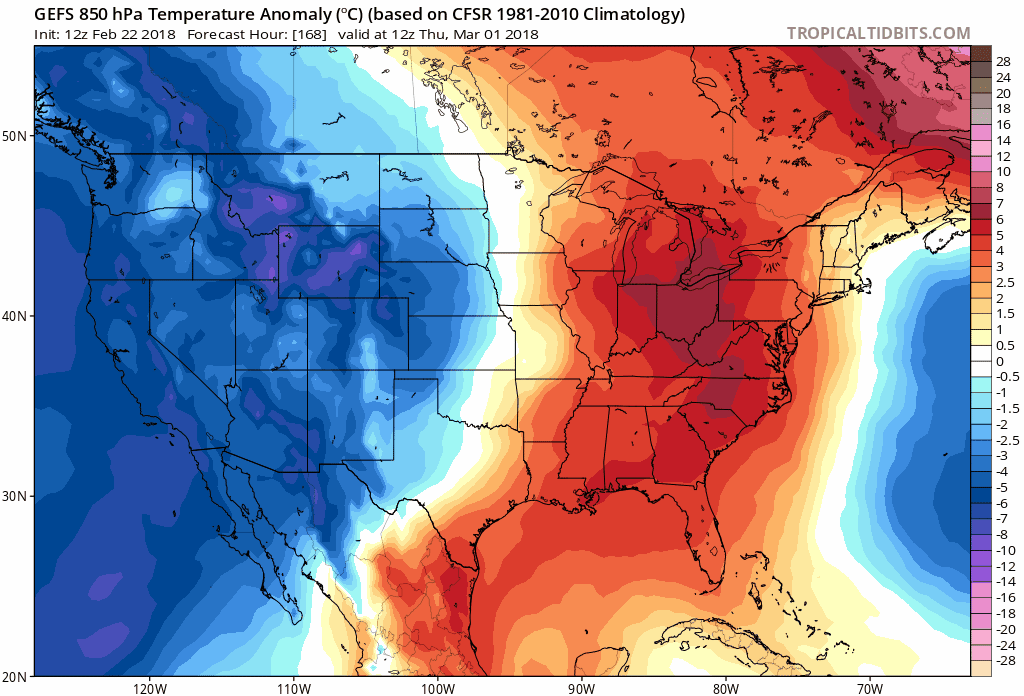 850 mb temperature anomalies reflect colder-than-normal conditions for much of the nation in the period of March 1st - March 10th; maps courtesy tropicaltidbits.com, NOAA/EMC