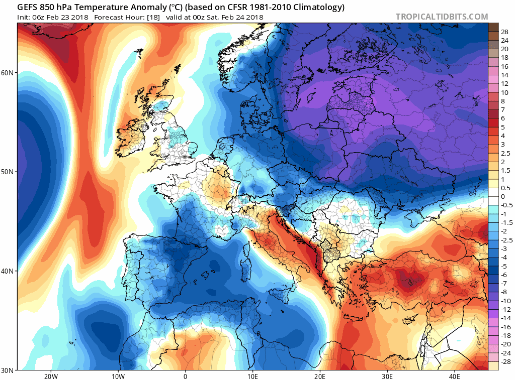 06Z GEFS 850 mb temperature anomaly loop over the next five days (Friday night 2/23 - Wednesday night 2/28) in 6-hour increments with extreme cold from Siberia spreading westward into Europe; maps courtesy NOAA/EMC, tropicaltidbits.com