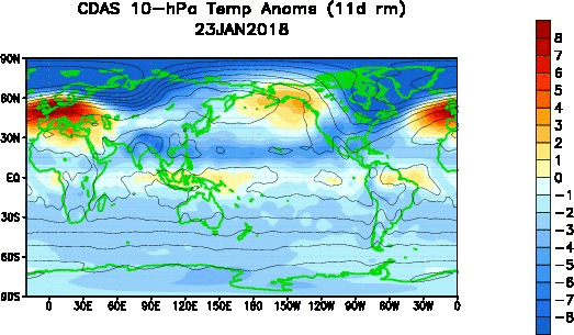 30-day loop of 10-mb (stratospheric) temperatures showing extreme warming over the Arctic as a result of a major stratospheric warming event (24-hour increments); maps courtesy NOAA