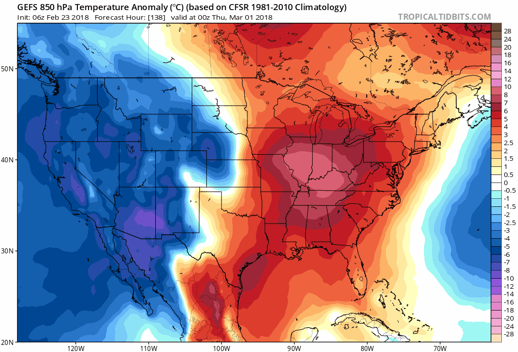 06Z GEFS 850 mb temperature anomaly loop across the US over a 7-day period from Thursday, March 1st to Thursday, March 8th (6-hour increments) with generally colder-than-normal conditions; maps courtesy NOAA/EMC, tropicaltidbits.com