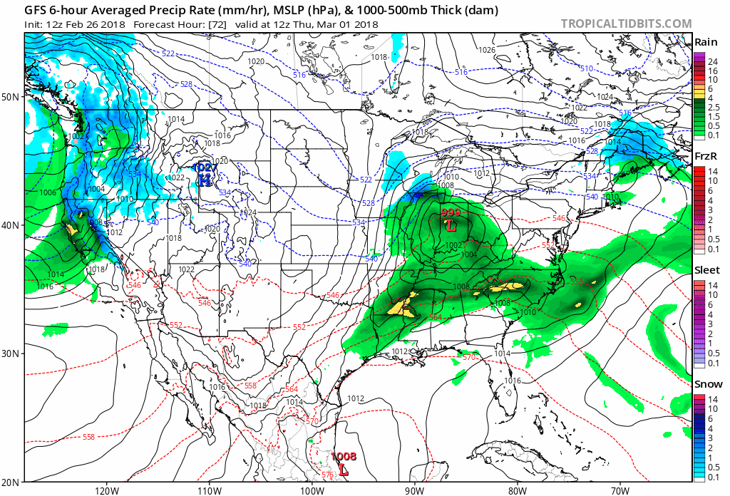 12Z GFS surface forecast maps from Thursday morning-to-Saturday morning in 6-hour increments with the powerful ocean storm taking a "loop" as a result of the strong blocking pattern that sets up to the north across Greenland and northern Canada; maps courtesy NOAA/EMC, tropicaltidbits.com