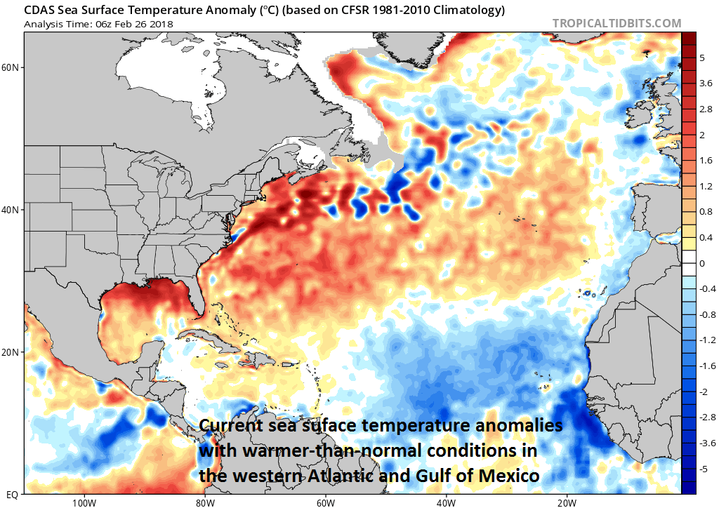 Warmer-than-normal water temperatures exist in the Gulf of Mexico and western Atlantic Ocean and will likely contribute to a stormy period; map courtesy NOAA, tropicaltidbits.com