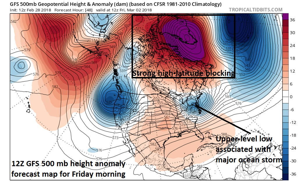 Tremendous blocking will form over Greenland and northern Canada during the next 48 hours and this will result in slow movement of a major ocean storm; map courtesy NOAA/EMC, tropicaltidbits.com