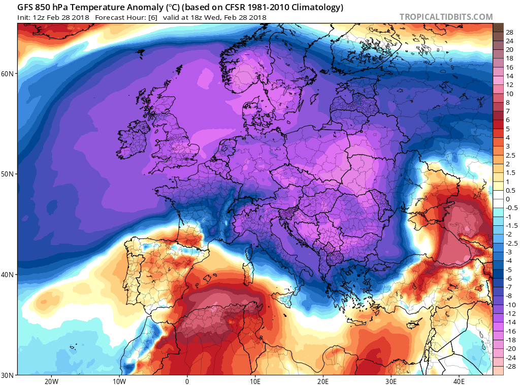 Extreme cold currently grips the continent of Europe (shown 12Z GFS 6-hour forecast map of 850 mb temperature anomalies); courtesy NOAA/EMC, tropicaltidbits.com
