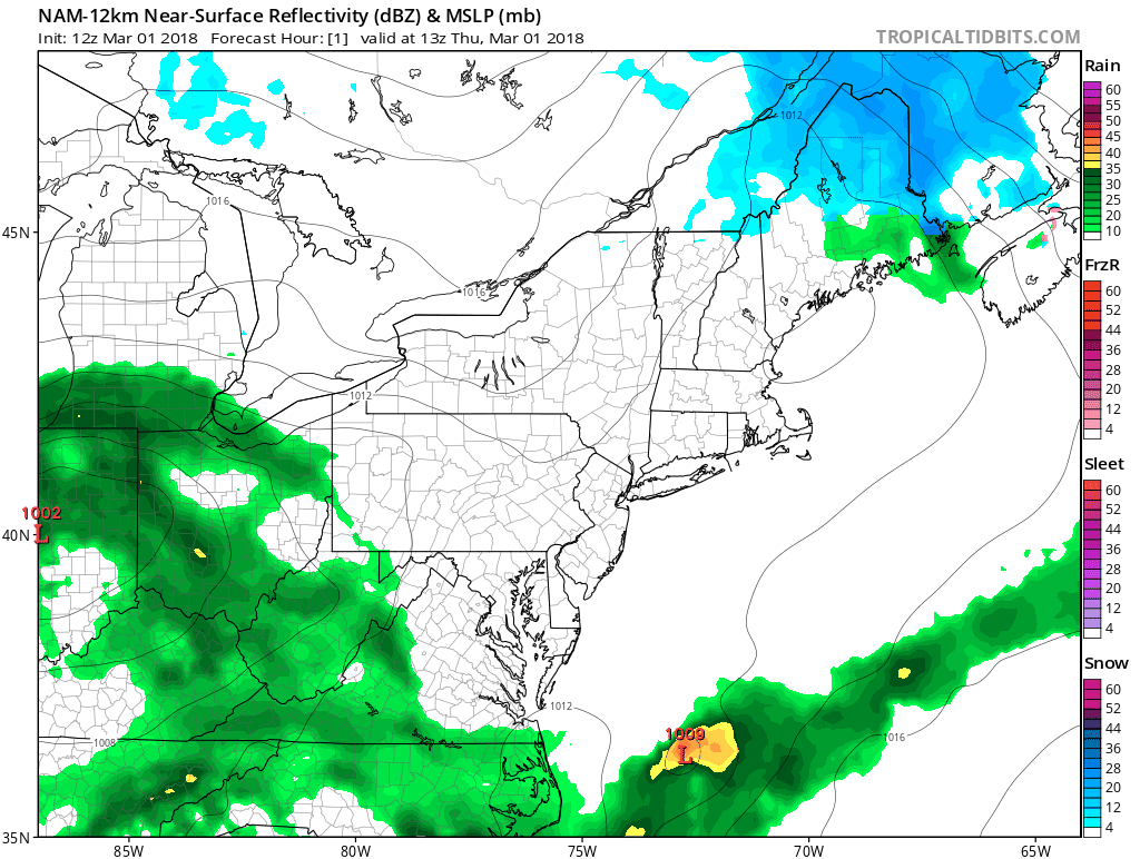 A loop of surface forecast maps from the 12Z NAM for the next 48 hours (snow in blue, rain in green); maps courtesy NOAA/EMC, tropicaltidbits.com