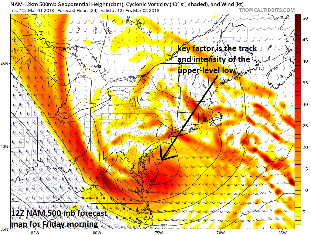 The track and intensity of the upper-level low is crucial in this setup for determining areas with the greatest chances for accumulating snow. Typically, areas near and to the north of a closed-off upper-level low have the best chance for snow where upward motions are strong and temperatures are colder. The 12Z NAM forecast map at 500 mb for tomorrow morning shows the upper-level low positioned over the Delmarva Peninsula/southern New Jersey; map courtesy NOAA/EMC, tropicaltidbits.com