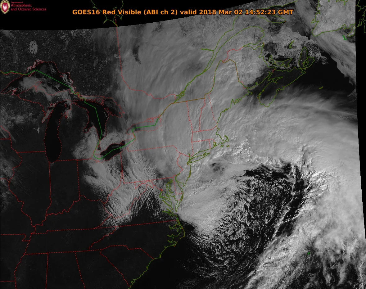GOES-16 visible satellite image of the powerful ocean storm; courtesy NOAA