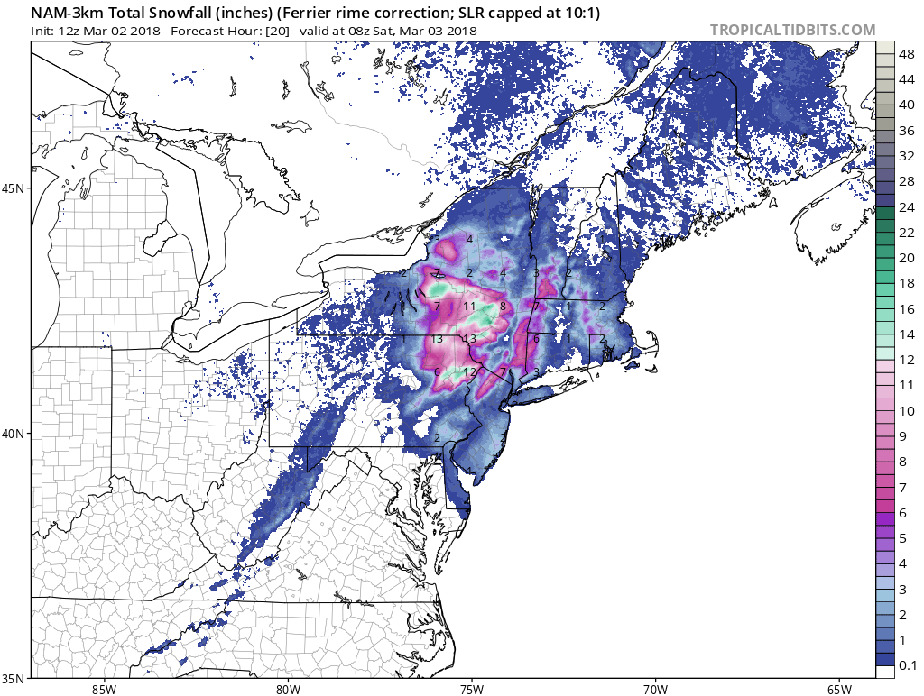 Snowfall forecast map by the 12Z NAM (3-km) model (Ferrier method); map courtesy NOAA/EMC, tropicaltidbits.com