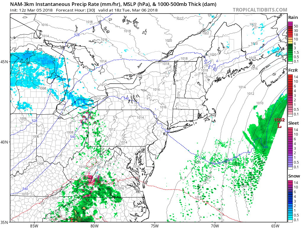 12Z high-resolution (3-km) NAM surface forecast maps from hour 30 to hour 60 (Tuesday afternoon-Wednesday evening). Intense snow bands predicted over eastern PA, interior NJ on Wednesday (red); maps courtesy NOAA/EMC, tropicaltidbits.com