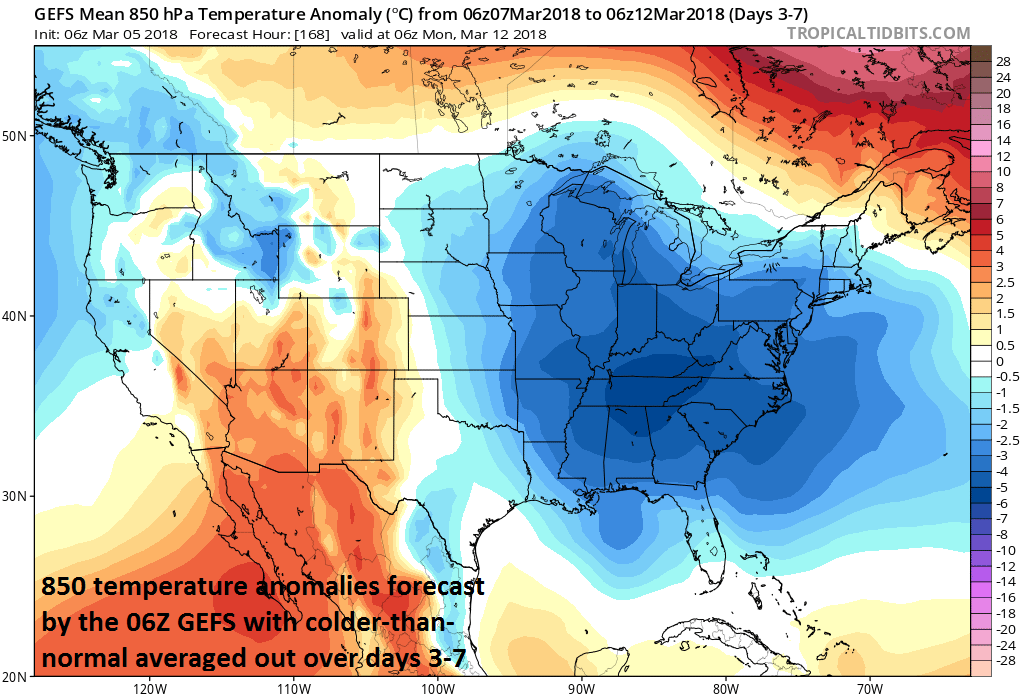 06Z GFS 850 mb temperature anomaly forecast map for days 3-7 (Wednesday-Sunday); map courtesy NOAA/EMC, tropicaltidbits.com