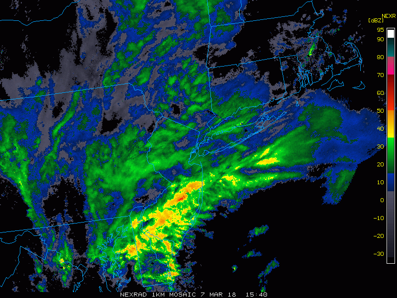 Latest radar loop with heavy precipitation bands across eastern PA and NJ; courtesy College of DuPage, NOAA
