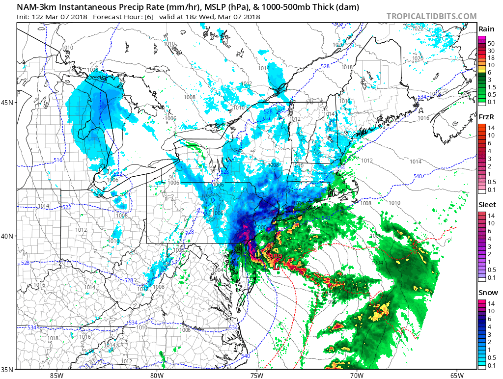 Early afternoon forecast map from 12Z NAM (3-km) with intense snow bands (shown in red, dark blue); map courtesy NOAA/EMC, tropicaltidbits.com