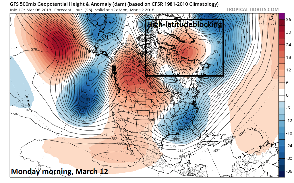 12Z GFS 500 mb height anomaly forecast map for Monday morning with high-latitude blocking - a key factor - still in place across northern Canada (boxed region); map courtesy NOAA/EMC, tropicaltidbits.com 