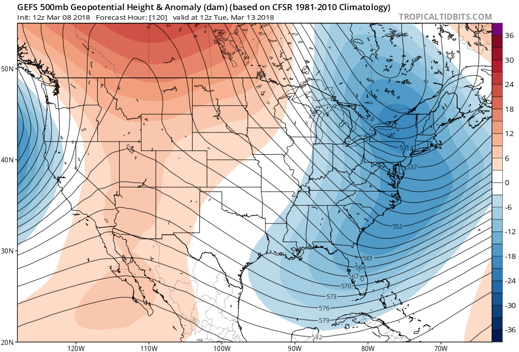 12Z GEFS 500 mb height anomaly forecast map for Tuesday morning with deep upper-level troughing extending all the way up the coast with a negative tilt to the orientation axis; map courtesy NOAA/EMC, tropicaltidbits.com