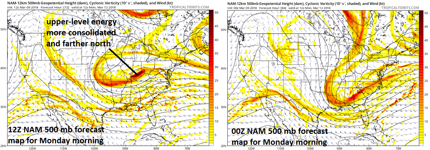 The latest NAM computer forecast model has consolidated and moved farther north the upper-level wave of energy on Monday morning compared to prior runs and this will be a key factor in the development of low pressure near the east coast. Map courtesy NOAA, tropicaltidbits.com