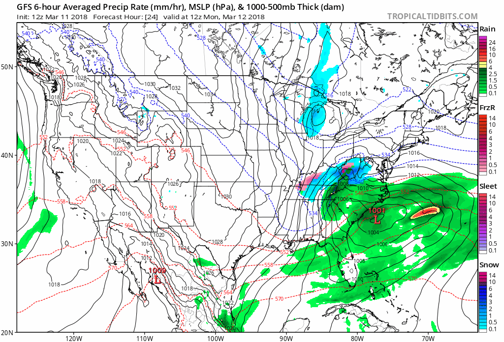 12Z Sunday GFS surface forecast maps in 6-hour increments from hour 24 (Monday morning) to hour 48 (Tuesday morning); courtesy NOAA/EMC, tropicaltidbits.com