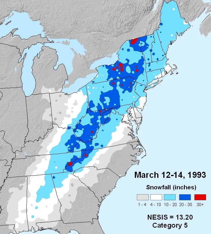 Snowfall totals from the 1993 superstorm (Source: NOAA; Kocin and Uccellini)