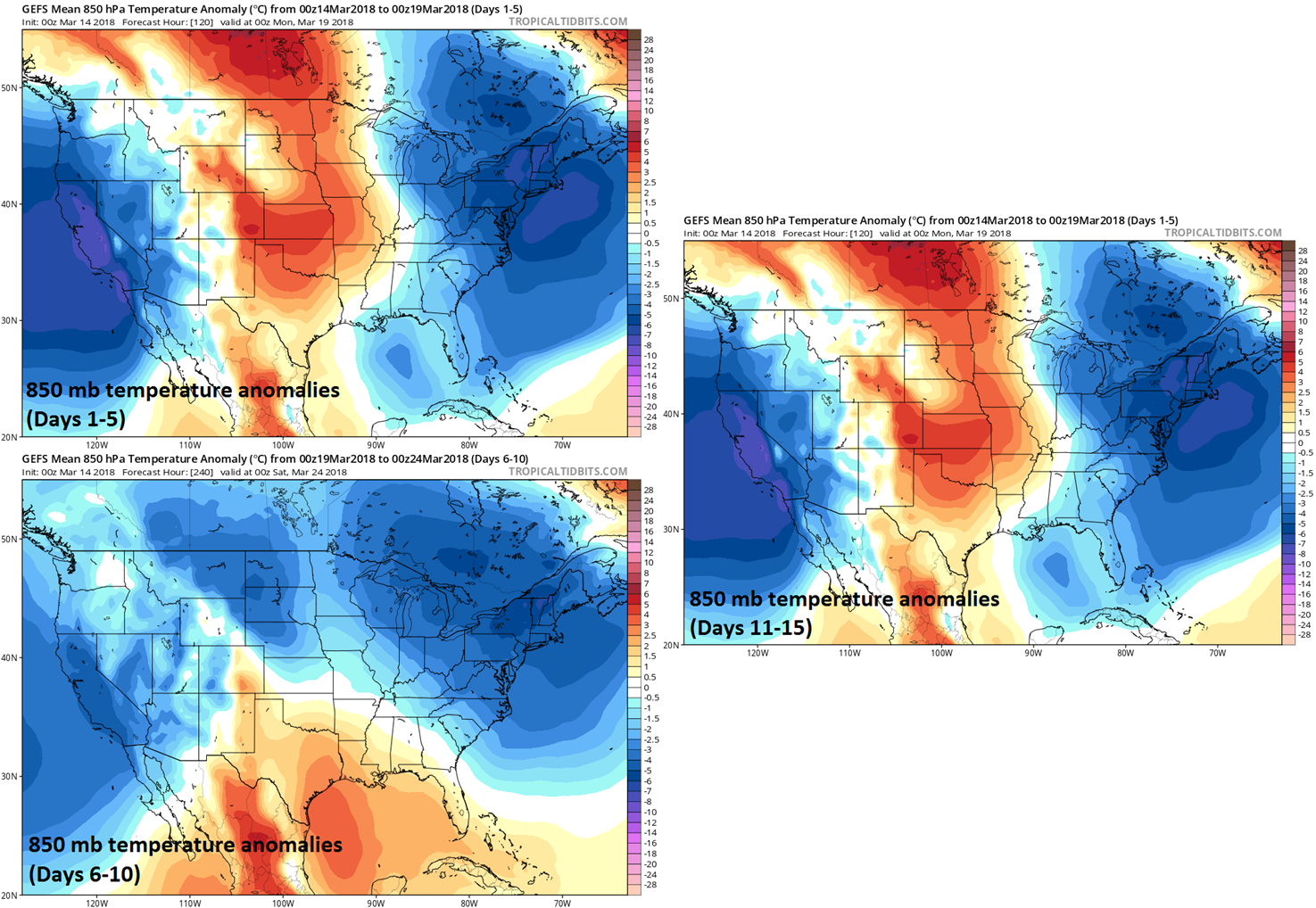 06Z GEFS shows no sign of warmer-than-normal in the Mid-Atlantic/Northeast US during the next 15 days; maps courtesy NOAA/EMC, tropicaltidbits.com