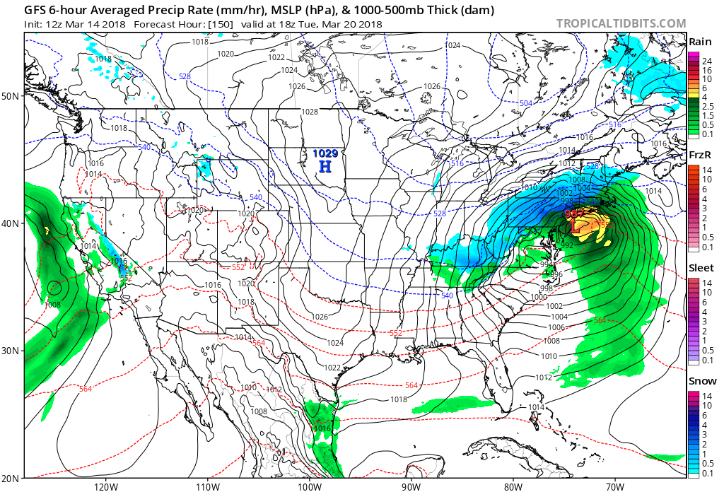 12Z GFS forecast map for next Tuesday afternoon, March 20, with yet another nor'easter in the making; map courtesy NOAA/EMC, tropicaltidbits.com