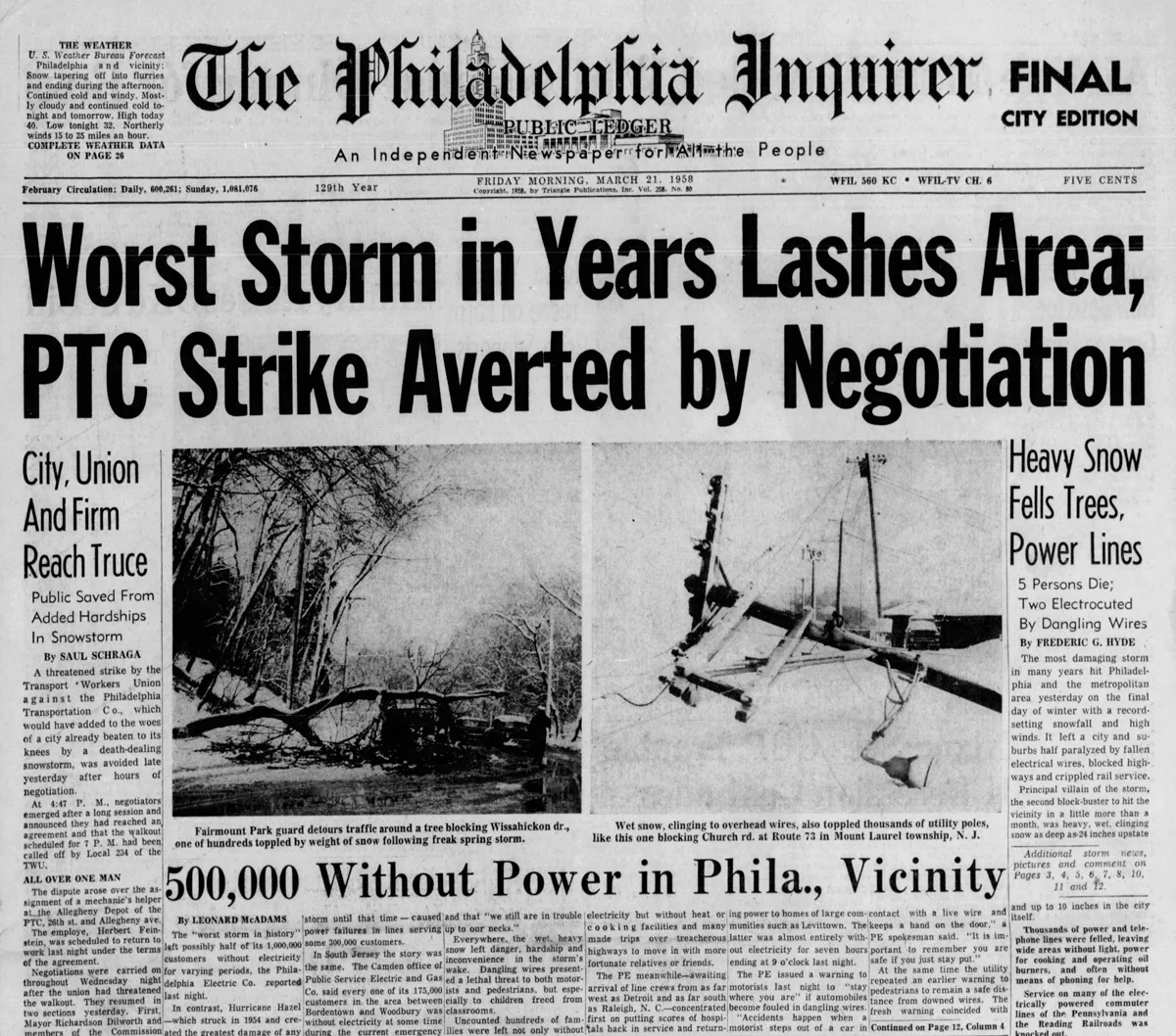 The “Philly Inquirer” headline on March 21, 1958 regarding the blizzard which became known as the “Equinox Storm”