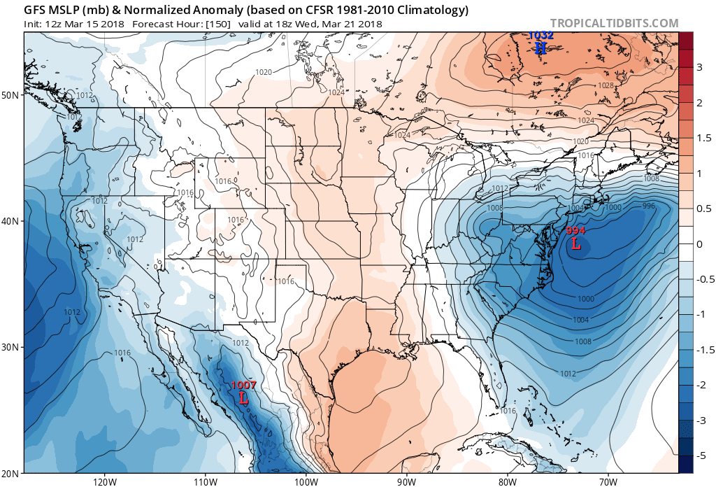 12Z Thursday GFS forecast map of mean sea level pressure anomaly for next Wednesday, March 21st with similar positioning compared to the March 1958 blizzard; courtesy NOAA/EMC, tropicaltidbits.com